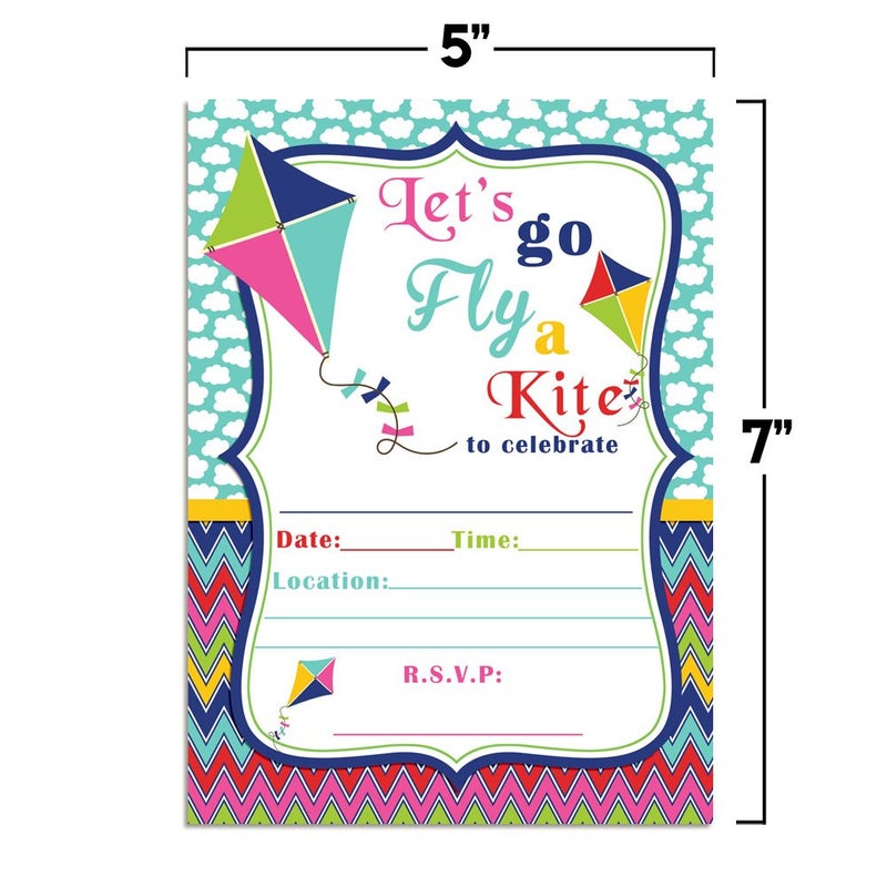 Amanda Creation Kite Flying Birthday Party Fill In Invitations set of 20 Cards and Envelopes. - Image 5